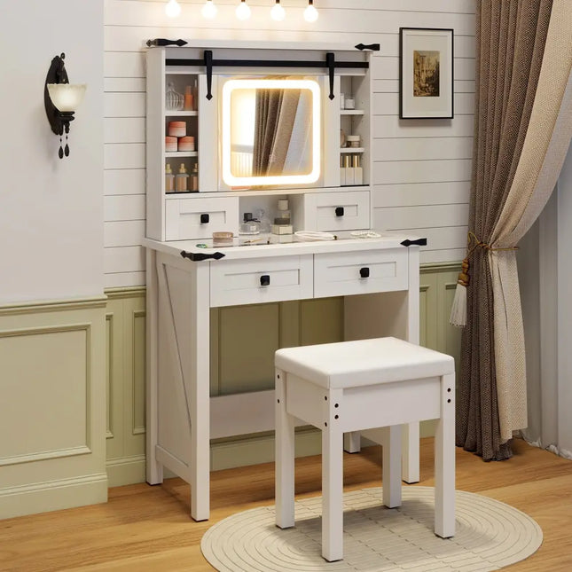 Makeup Vanity Desk with Mirror and Adjustable Storage Shelves-White - White - Makeup Vanities