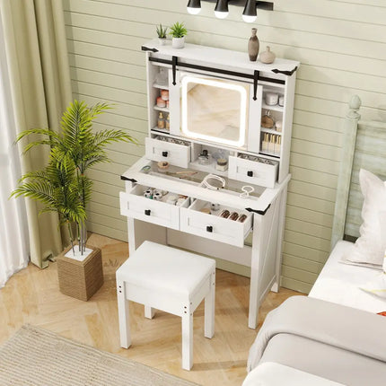 Makeup Vanity Desk with Mirror and Adjustable Storage Shelves-White - White - Makeup Vanities