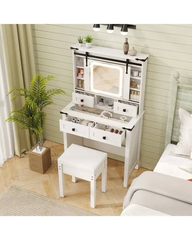 Makeup Vanity Desk with Mirror and Adjustable Storage Shelves-White - White - Makeup Vanities