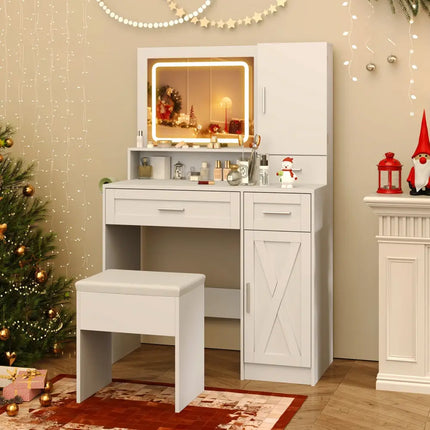 Makeup Vanity Desk with Mirror and Lights Dressing Table and Stool Set-White - White - Makeup Vanities