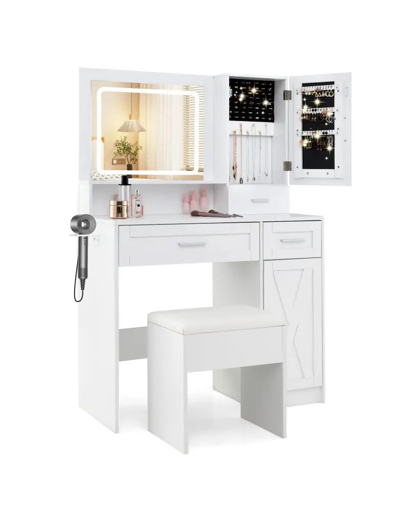 Makeup Vanity Desk with Mirror and Lights Dressing Table and Stool Set-White - White - Makeup Vanities