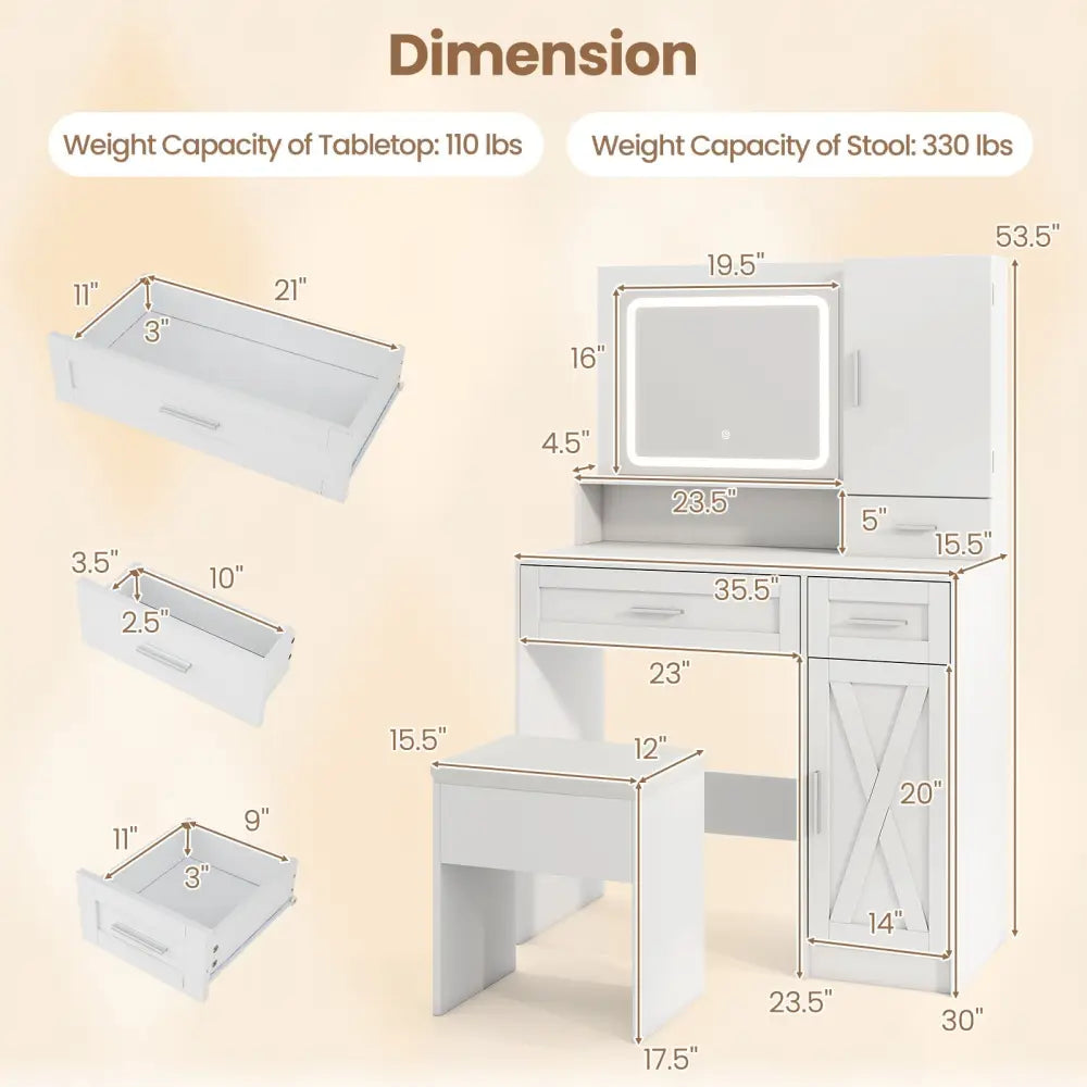 Makeup Vanity Desk with Mirror and Lights Dressing Table and Stool Set-White - White - Makeup Vanities
