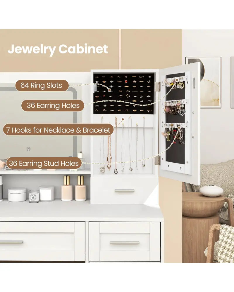 Makeup Vanity Desk with Mirror and Lights Dressing Table and Stool Set-White - White - Makeup Vanities