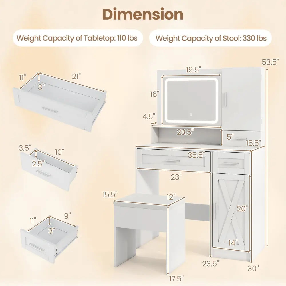 Makeup Vanity Desk with Mirror and Lights Dressing Table and Stool Set-White - White - Makeup Vanities