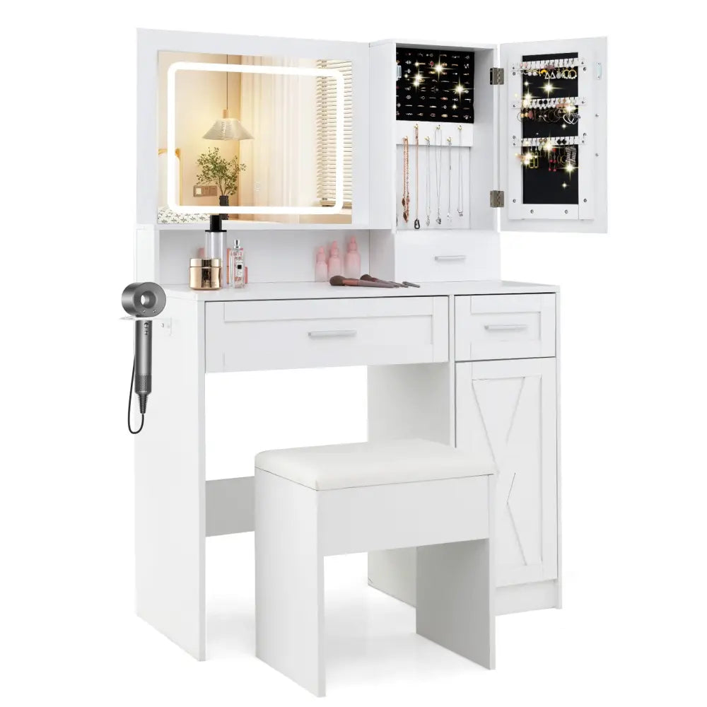 Makeup Vanity Desk with Mirror and Lights Dressing Table and Stool Set-White - White - Makeup Vanities