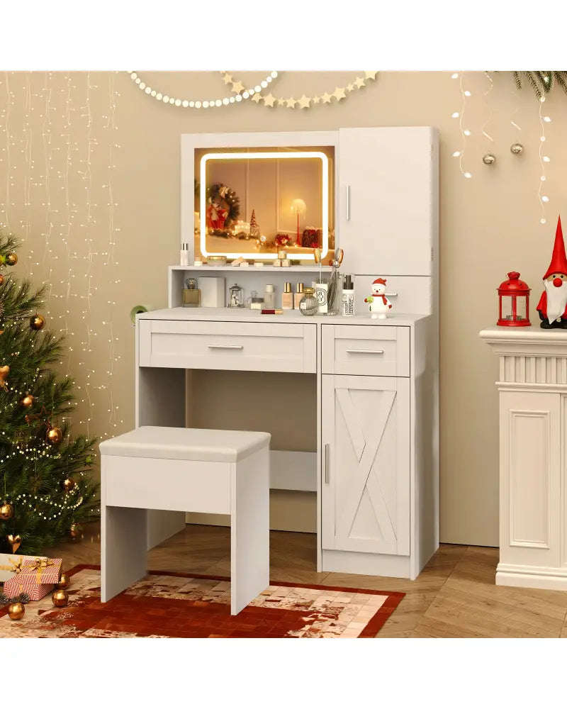 Makeup Vanity Desk with Mirror and Lights Dressing Table and Stool Set-White - White - Makeup Vanities