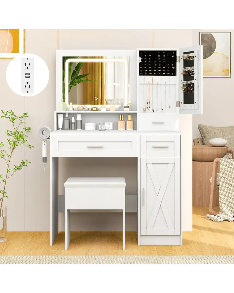 Makeup Vanity Desk with Mirror and Lights Dressing Table and Stool Set-White - White - Makeup Vanities