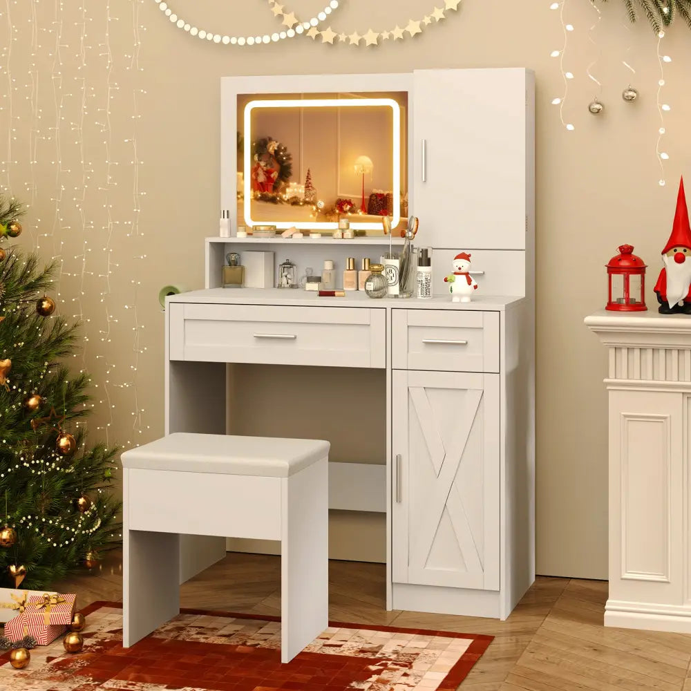 Makeup Vanity Desk with Mirror and Lights Dressing Table and Stool Set-White - White - Makeup Vanities