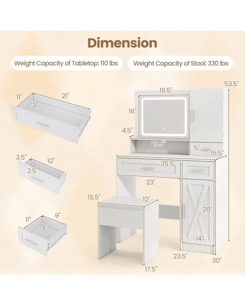 Makeup Vanity Desk with Mirror and Lights Dressing Table and Stool Set-White - White - Makeup Vanities