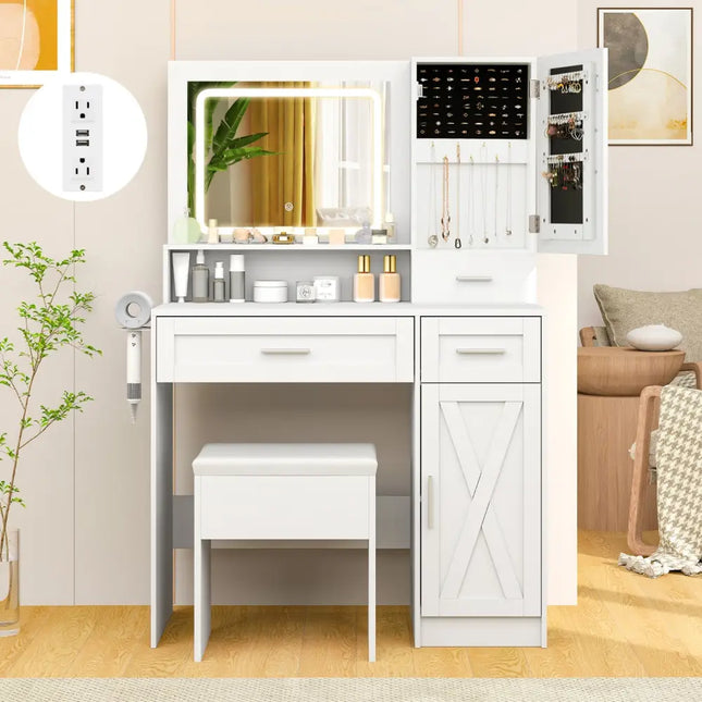 Makeup Vanity Desk with Mirror and Lights Dressing Table and Stool Set-White - White - Makeup Vanities