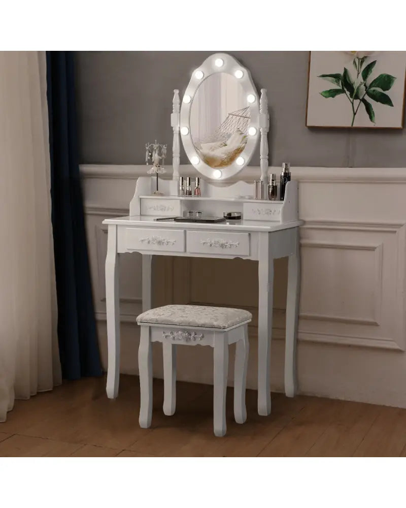 Makeup Vanity Dressing Table Set with Dimmable Bulbs Cushioned Stool-White - White - Makeup Vanities