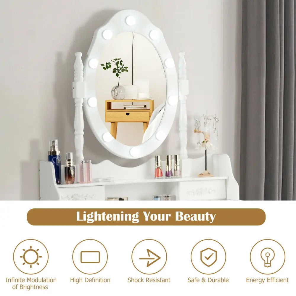 Makeup Vanity Dressing Table Set with Dimmable Bulbs Cushioned Stool-White - White - Makeup Vanities
