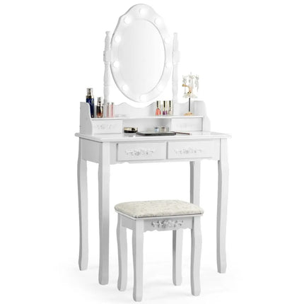 Makeup Vanity Dressing Table Set with Dimmable Bulbs Cushioned Stool-White - White - Makeup Vanities