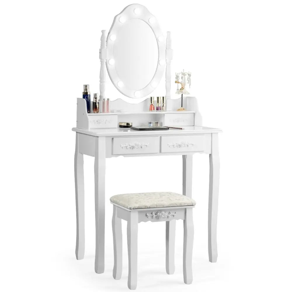 Makeup Vanity Dressing Table Set with Dimmable Bulbs Cushioned Stool-White - White - Makeup Vanities