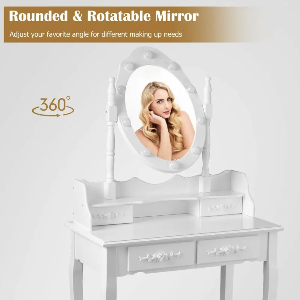 Makeup Vanity Dressing Table Set with Dimmable Bulbs Cushioned Stool-White - White - Makeup Vanities