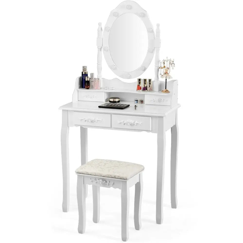 Makeup Vanity Dressing Table Set with Dimmable Bulbs Cushioned Stool-White - White - Makeup Vanities