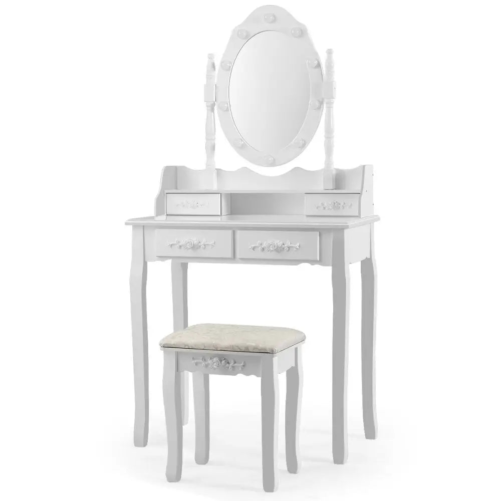 Makeup Vanity Dressing Table Set with Dimmable Bulbs Cushioned Stool-White - White - Makeup Vanities