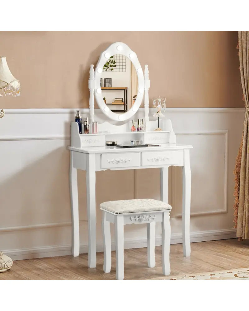 Makeup Vanity Dressing Table Set with Dimmable Bulbs Cushioned Stool-White - White - Makeup Vanities