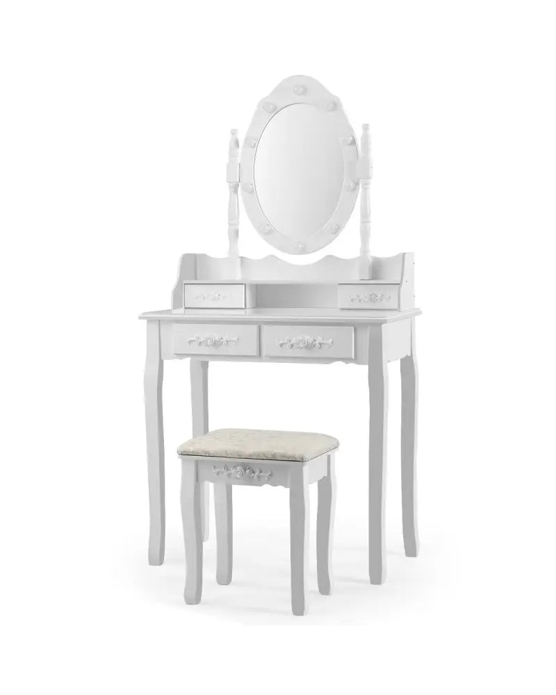 Makeup Vanity Dressing Table Set with Dimmable Bulbs Cushioned Stool-White - White - Makeup Vanities