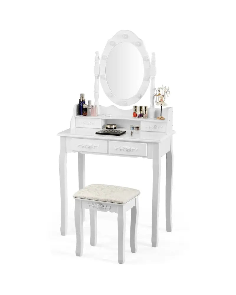 Makeup Vanity Dressing Table Set with Dimmable Bulbs Cushioned Stool-White - White - Makeup Vanities