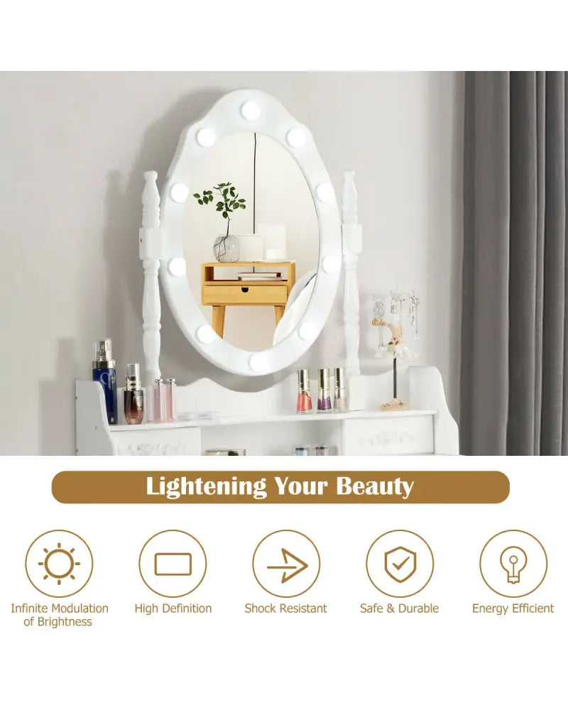 Makeup Vanity Dressing Table Set with Dimmable Bulbs Cushioned Stool-White - White - Makeup Vanities