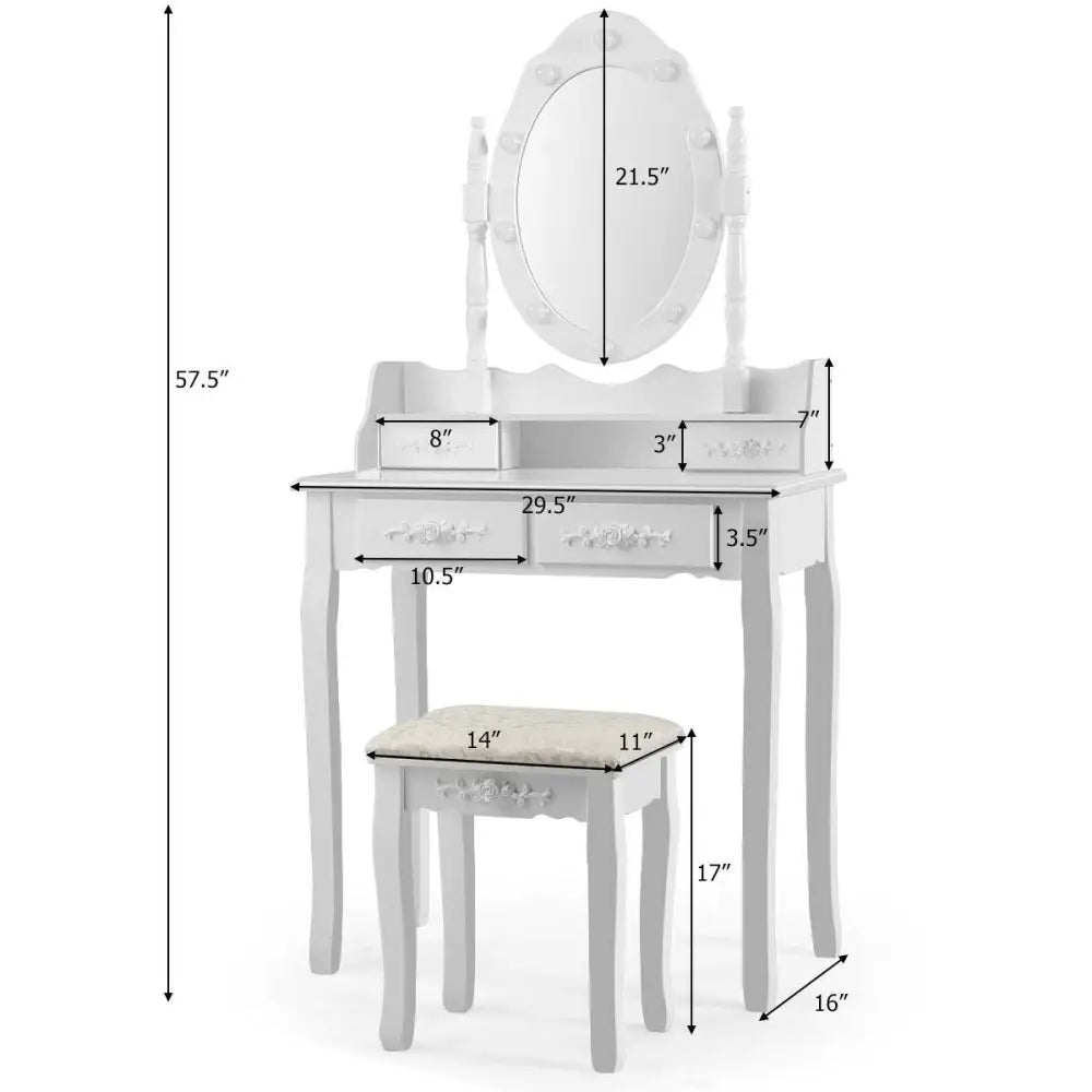 Makeup Vanity Dressing Table Set with Dimmable Bulbs Cushioned Stool-White - White - Makeup Vanities