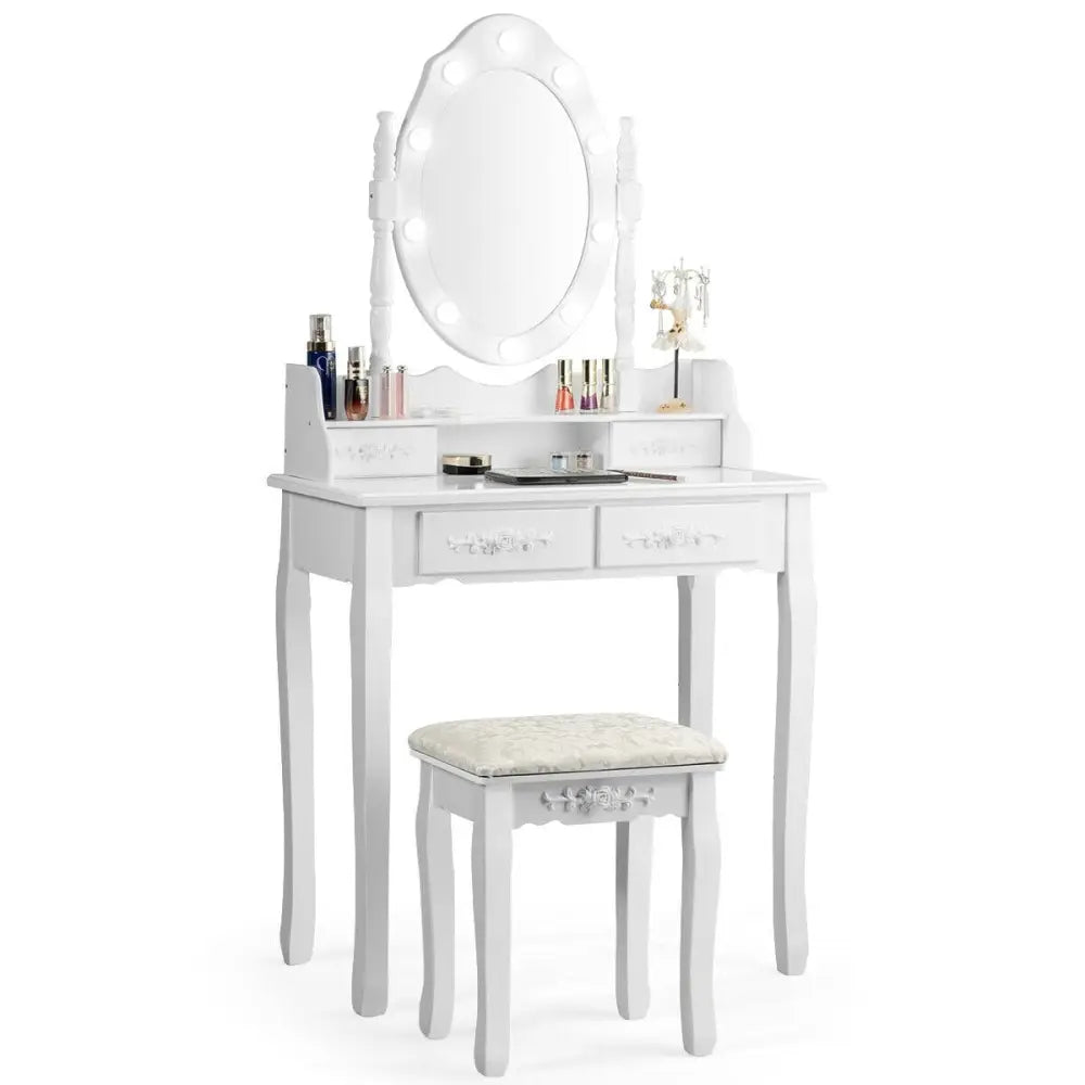 Makeup Vanity Dressing Table Set with Dimmable Bulbs Cushioned Stool-White - White - Makeup Vanities