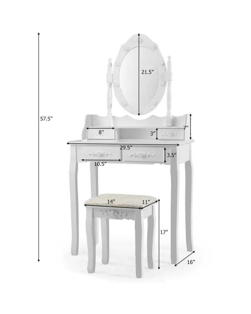 Makeup Vanity Dressing Table Set with Dimmable Bulbs Cushioned Stool-White - White - Makeup Vanities