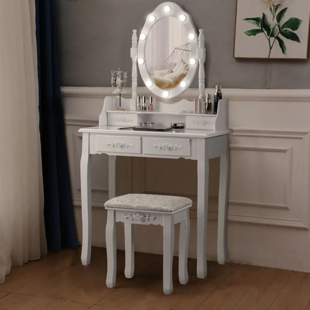 Makeup Vanity Dressing Table Set with Dimmable Bulbs Cushioned Stool-White - White - Makeup Vanities