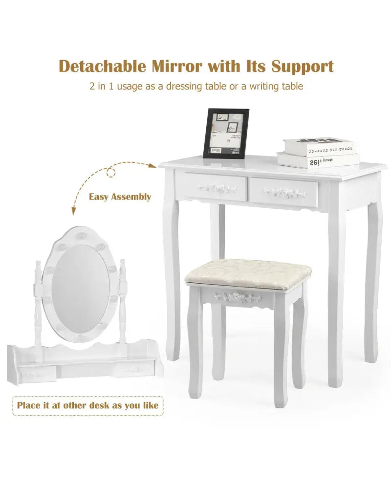 Makeup Vanity Dressing Table Set with Dimmable Bulbs Cushioned Stool-White - White - Makeup Vanities