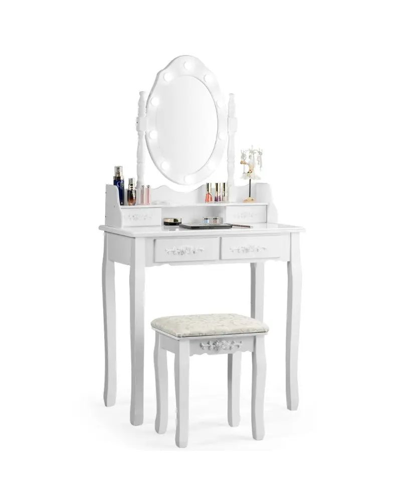 Makeup Vanity Dressing Table Set with Dimmable Bulbs Cushioned Stool-White - White - Makeup Vanities