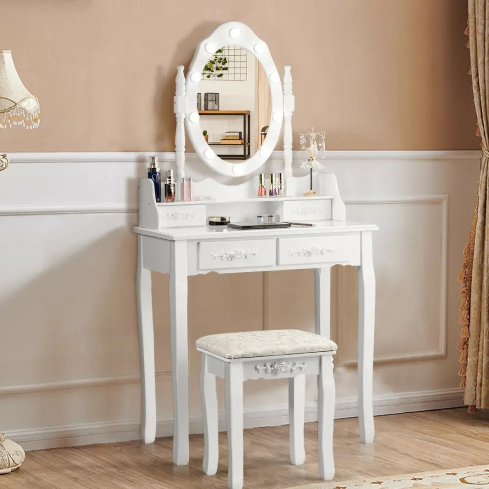 Makeup Vanity Dressing Table Set with Dimmable Bulbs Cushioned Stool-White - White - Makeup Vanities