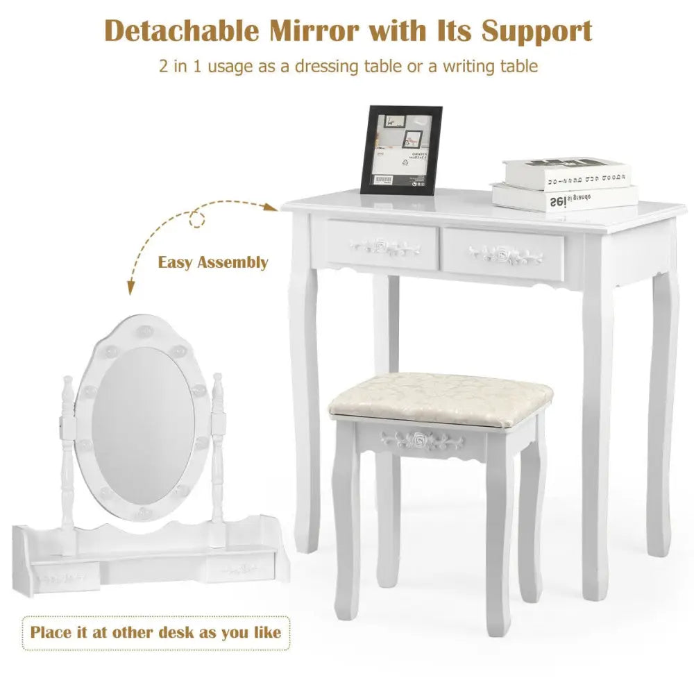 Makeup Vanity Dressing Table Set with Dimmable Bulbs Cushioned Stool-White - White - Makeup Vanities