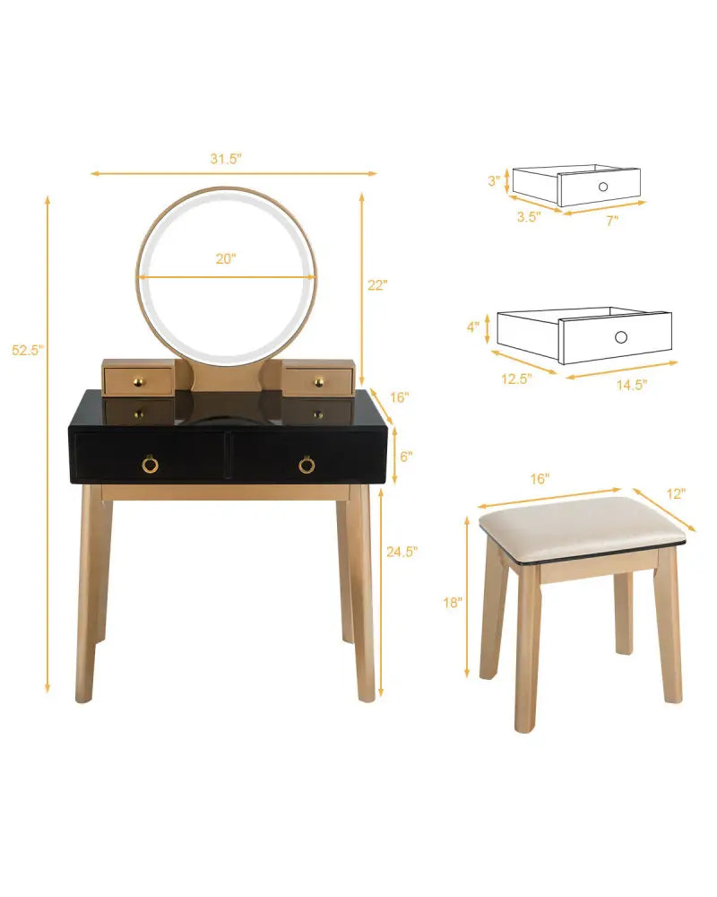 Makeup Vanity Table Set 3 Color Lighting Dressing Table-Black - Black - Makeup Vanities