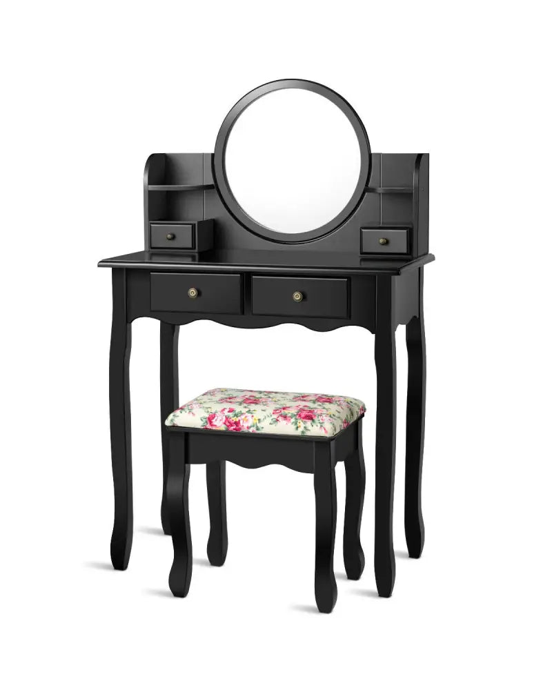 Makeup Vanity Table Set Girls Dressing Table with Drawers Oval Mirror-Black - Black - Makeup Vanities