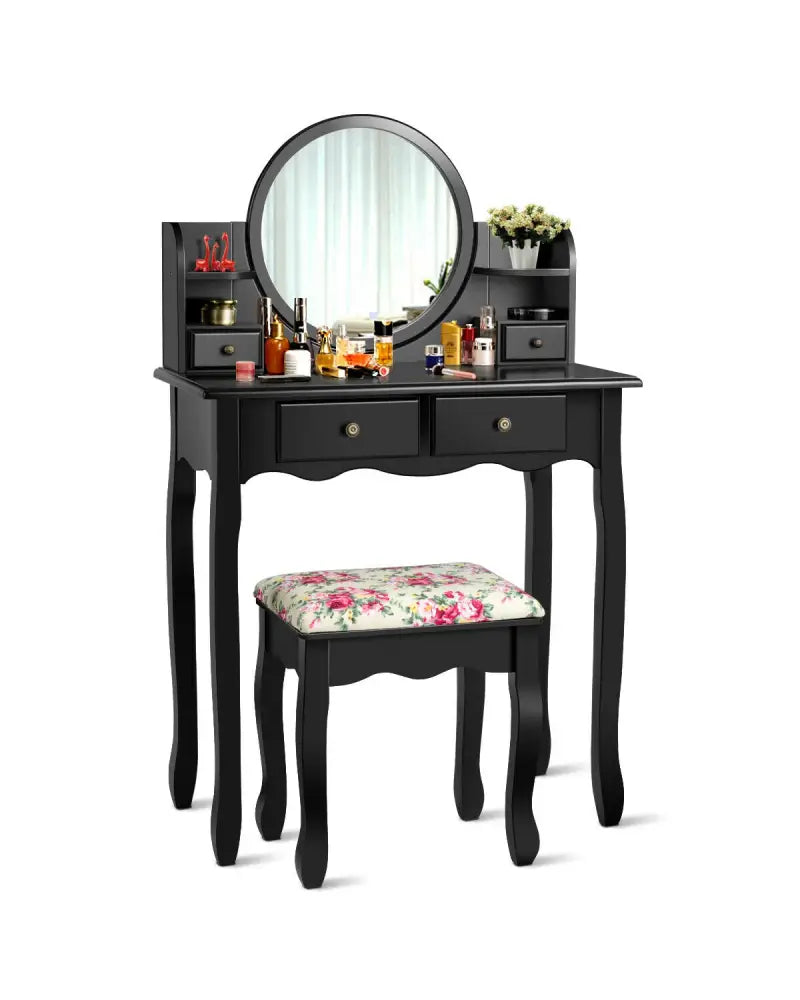 Makeup Vanity Table Set Girls Dressing Table with Drawers Oval Mirror-Black - Black - Makeup Vanities