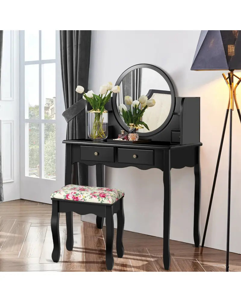 Makeup Vanity Table Set Girls Dressing Table with Drawers Oval Mirror-Black - Black - Makeup Vanities