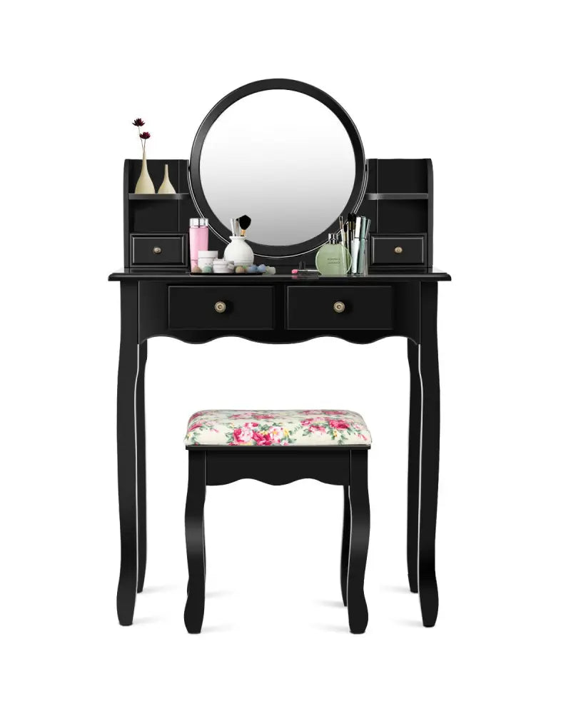 Makeup Vanity Table Set Girls Dressing Table with Drawers Oval Mirror-Black - Black - Makeup Vanities
