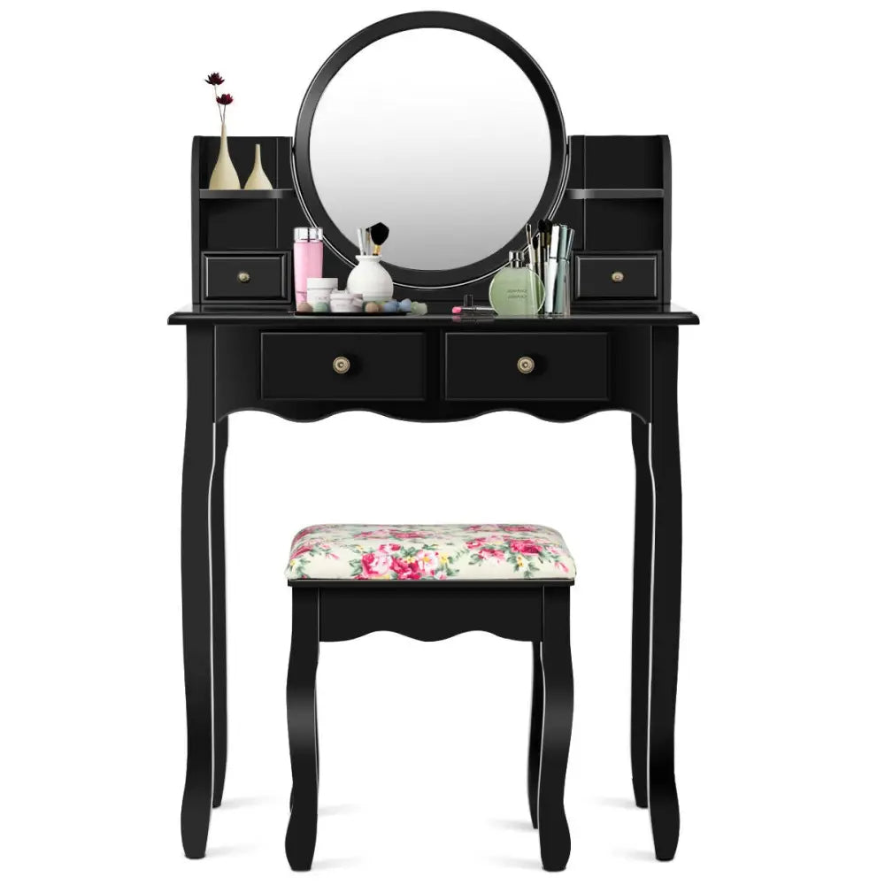 Makeup Vanity Table Set Girls Dressing Table with Drawers Oval Mirror-Black - Black - Makeup Vanities