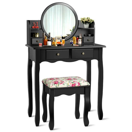 Makeup Vanity Table Set Girls Dressing Table with Drawers Oval Mirror-Black - Black - Makeup Vanities