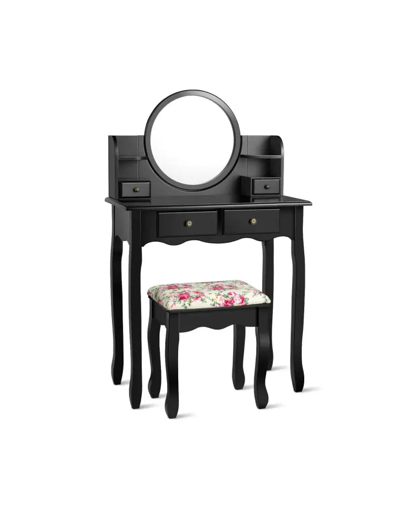 Makeup Vanity Table Set Girls Dressing Table with Drawers Oval Mirror-Black - Black - Makeup Vanities