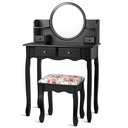 Makeup Vanity Table Set Girls Dressing Table with Drawers Oval Mirror-Black - Black - Makeup Vanities