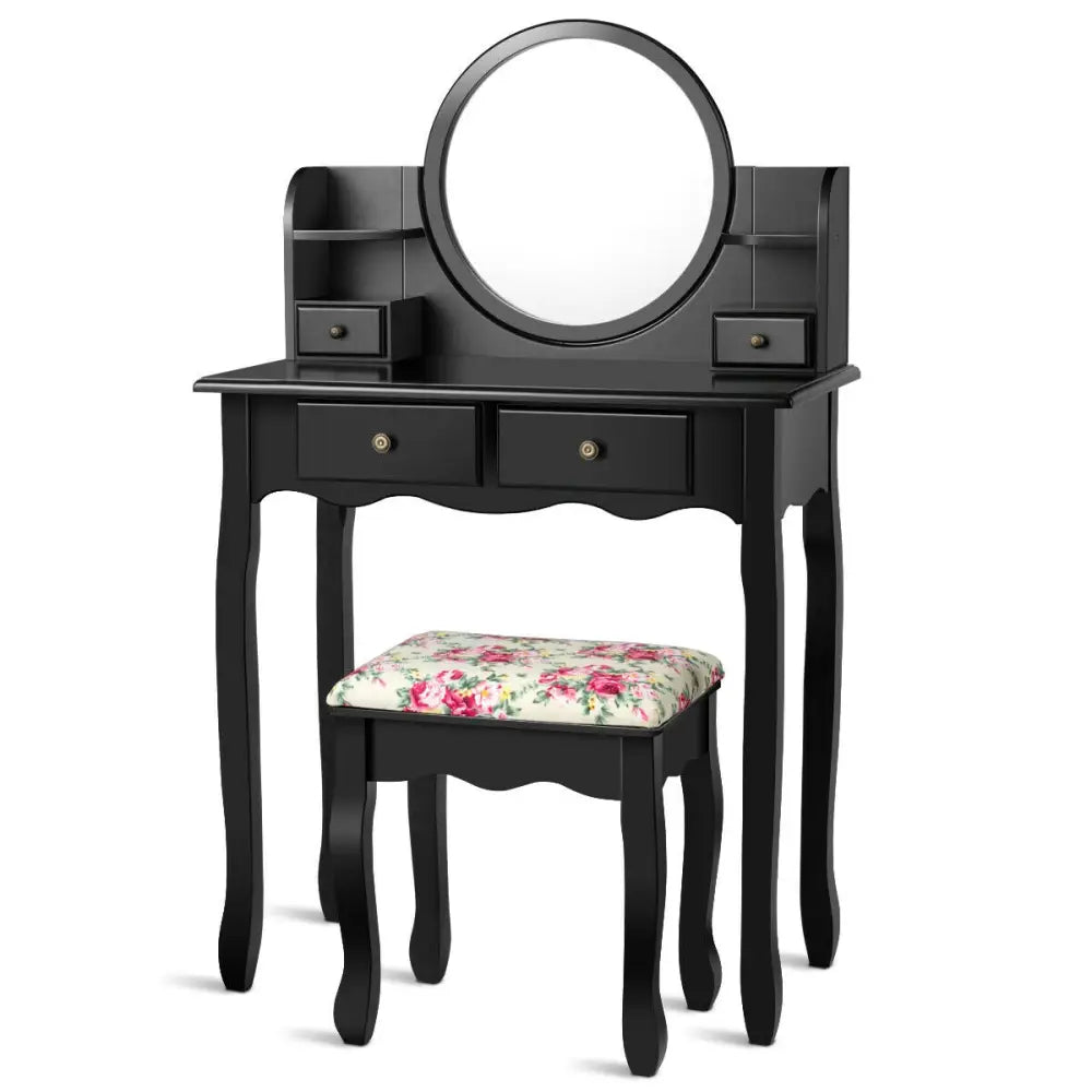 Makeup Vanity Table Set Girls Dressing Table with Drawers Oval Mirror-Black - Black - Makeup Vanities