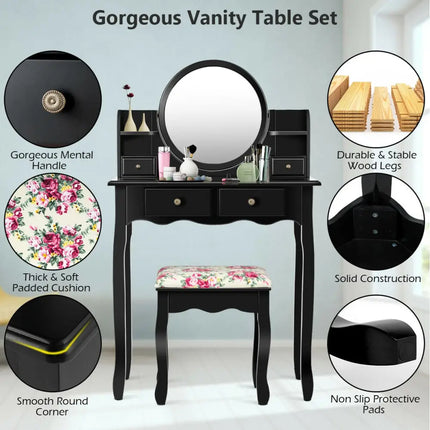 Makeup Vanity Table Set Girls Dressing Table with Drawers Oval Mirror-Black - Black - Makeup Vanities