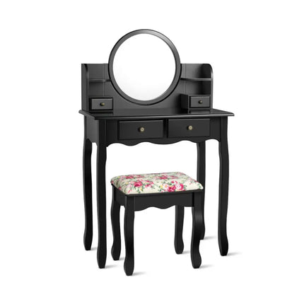 Makeup Vanity Table Set Girls Dressing Table with Drawers Oval Mirror-Black - Black - Makeup Vanities