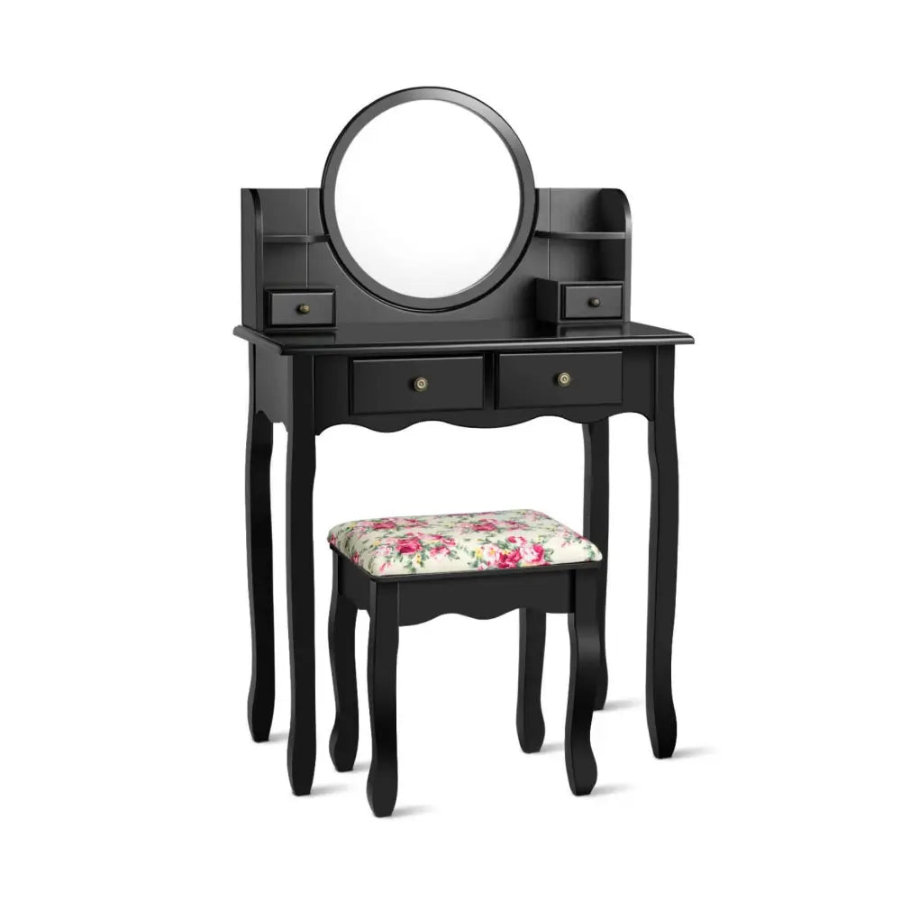 Makeup Vanity Table Set Girls Dressing Table with Drawers Oval Mirror-Black - Black - Makeup Vanities