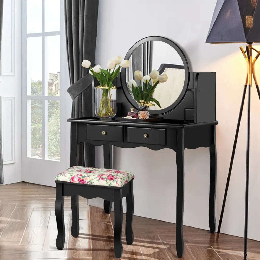 Makeup Vanity Table Set Girls Dressing Table with Drawers Oval Mirror-Black - Black - Makeup Vanities