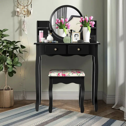 Makeup Vanity Table Set Girls Dressing Table with Drawers Oval Mirror-Black - Black - Makeup Vanities