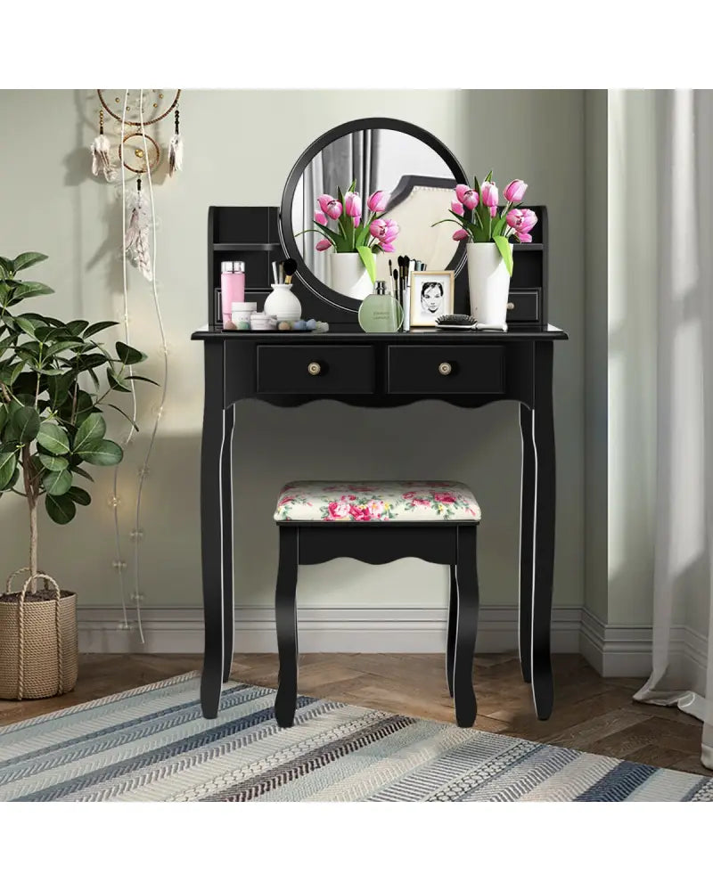 Makeup Vanity Table Set Girls Dressing Table with Drawers Oval Mirror-Black - Black - Makeup Vanities
