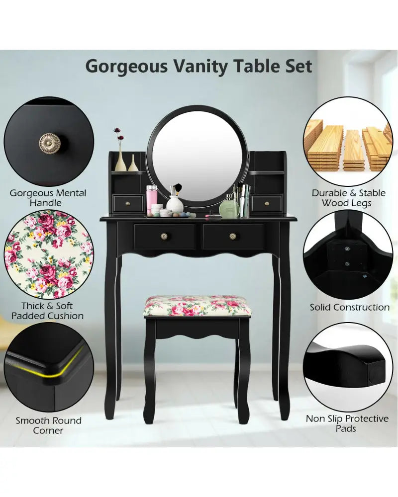 Makeup Vanity Table Set Girls Dressing Table with Drawers Oval Mirror-Black - Black - Makeup Vanities